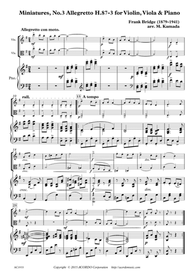 Miniatures, No.3 Allegretto H.87-3 for Violin, Viola & Piano (arr. Mikio Kamada)