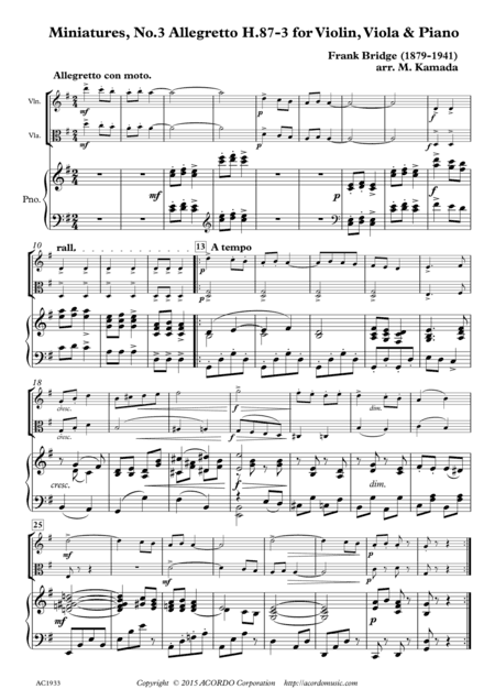 Miniatures, No.3 Allegretto H.87-3 for Violin, Viola & Piano (arr. Mikio Kamada)