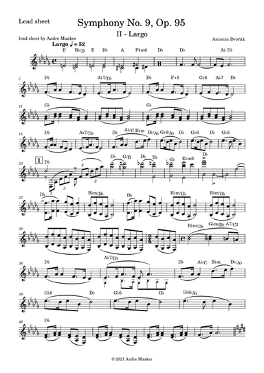 Antonin Dvorak - Symphony no 9, op.95, "From the New World" - Largo - lead sheet (arr. Andre Maaker)