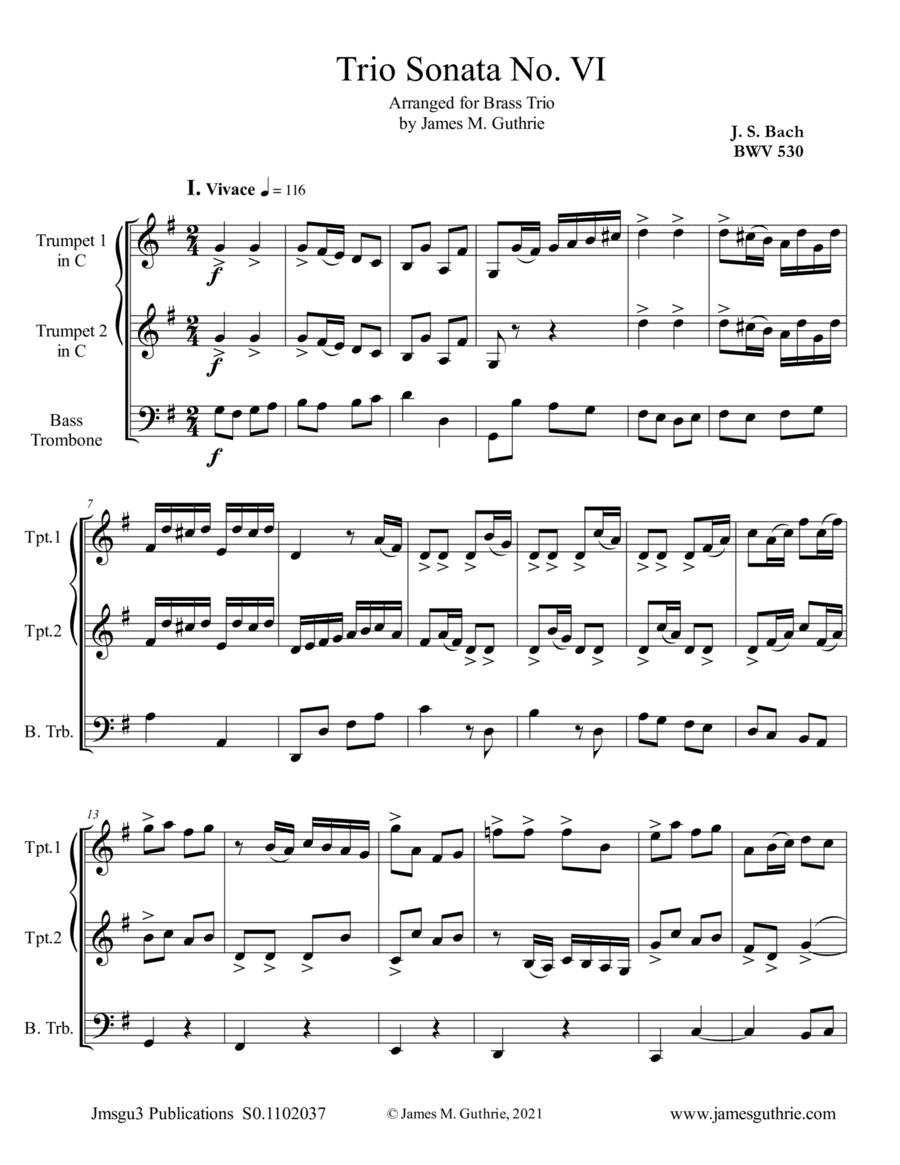 BACH: Trio Sonata No. 6 BWV 530 for Brass Trio (arr. James M. Guthrie)