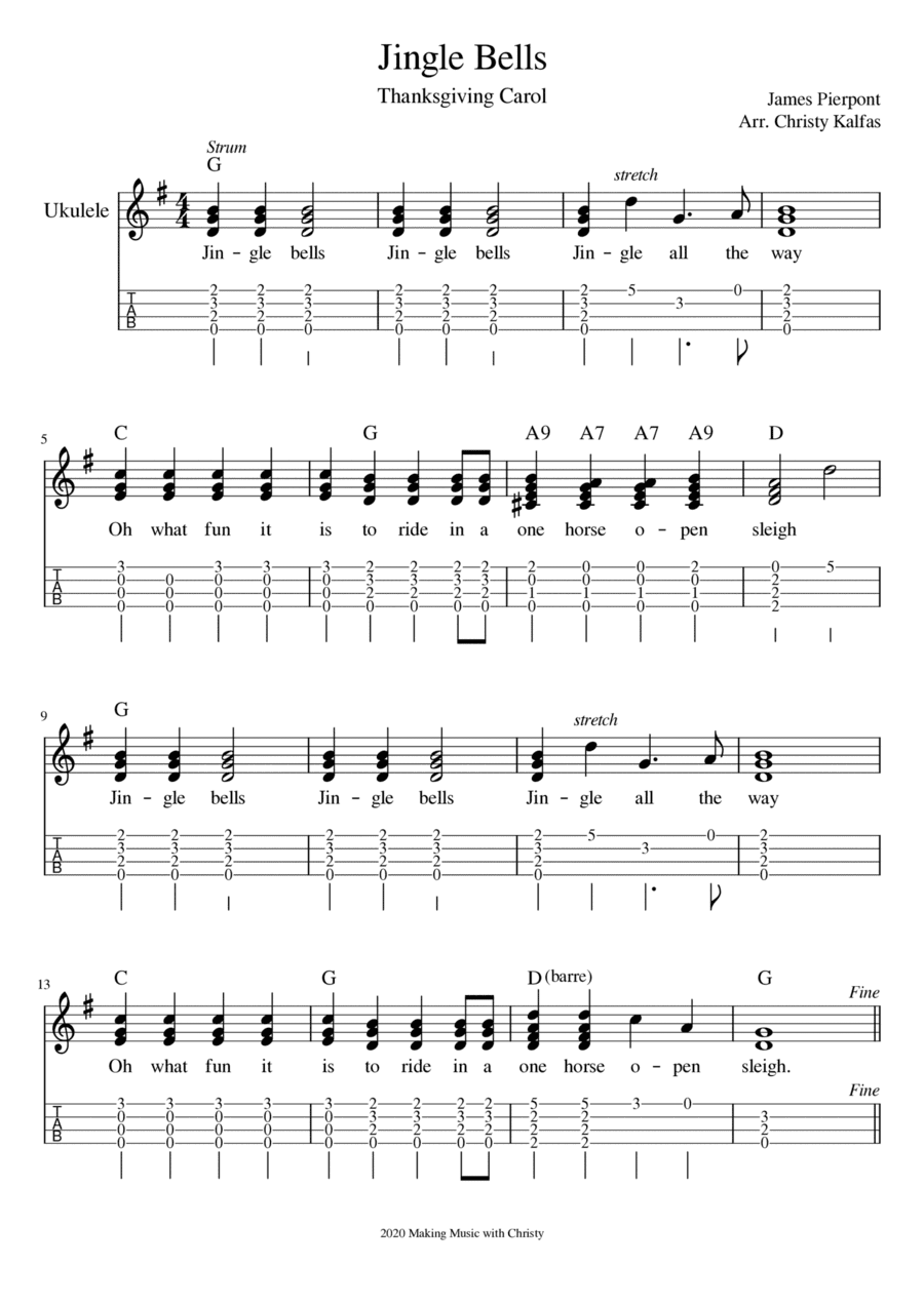 Jingle Bells - ukulele finger style (with tab and chords) (arr. Christy Kalfas)