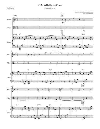 O Mio Babbino Caro (Puccini) for Violin & Viola Duo and Piano Accompaniment with Chords (arr. Fernando Britto)