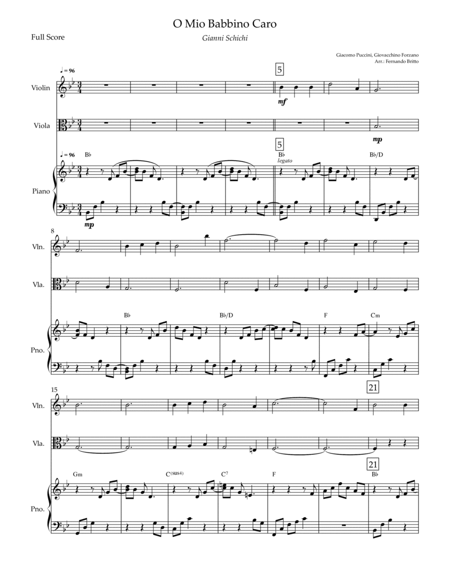 O Mio Babbino Caro (Puccini) for Violin & Viola Duo and Piano Accompaniment with Chords (arr. Fernando Britto)
