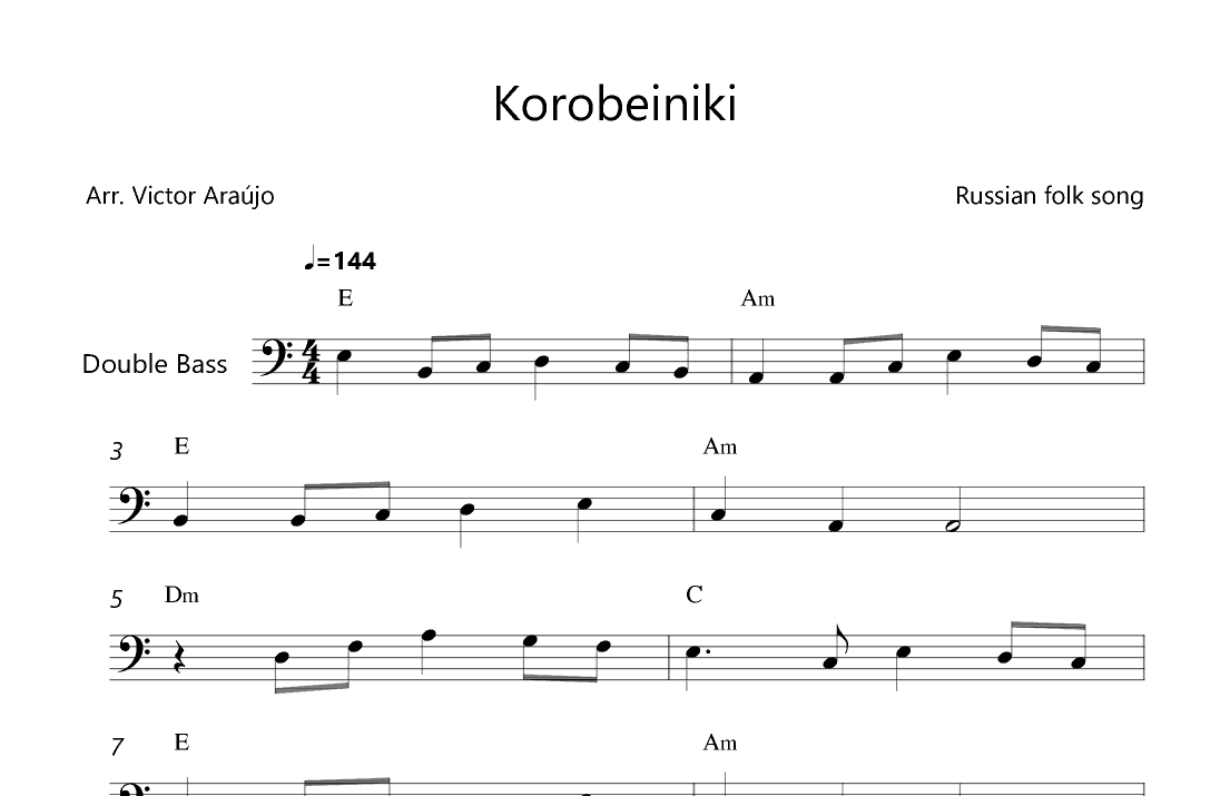 Korobeiniki  (from Tetris) - Double Bass Lead Sheet - Chord Symbols (arr. Victor Araújo)