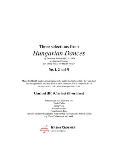 Brahms: Hungarian Dances No. 1, 2 and 5 - Music for Health Duet 2 Clarinets (arr. Jeremy Crosmer)