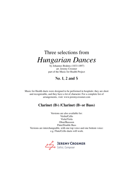Brahms: Hungarian Dances No. 1, 2 and 5 - Music for Health Duet 2 Clarinets (arr. Jeremy Crosmer)