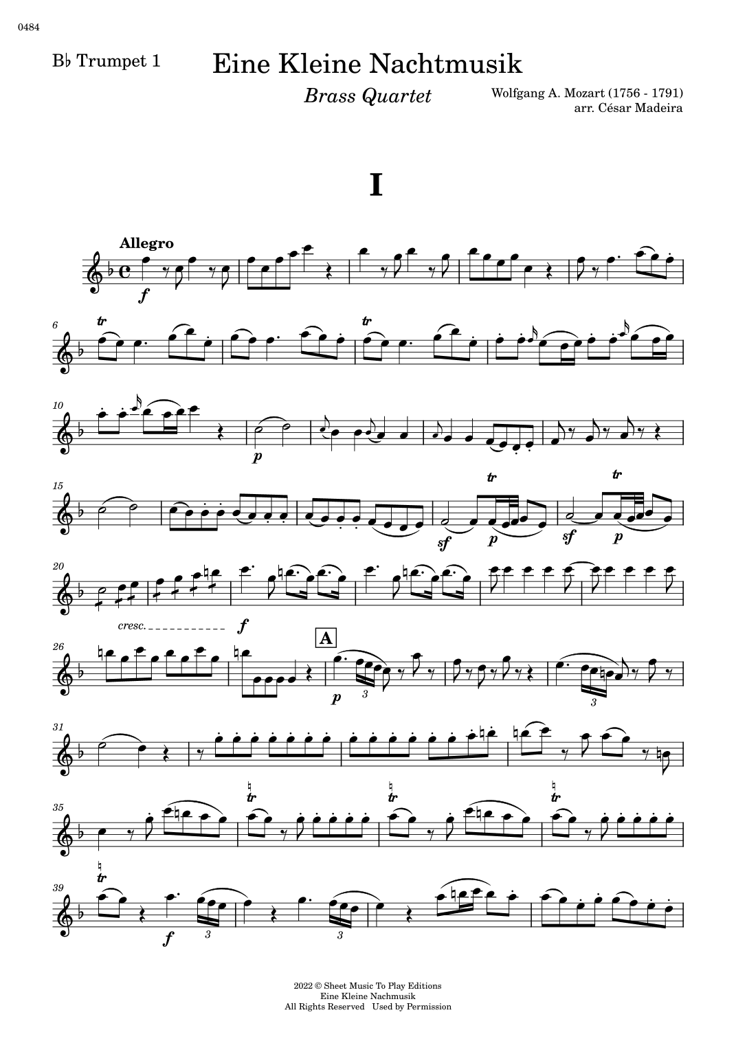 Eine Kleine Nachtmusik (1 mov.) - Brass Quartet (Individual Parts) (arr. César Madeira)