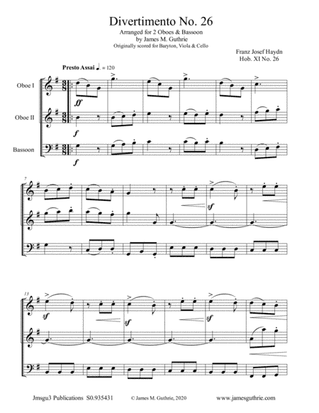 Haydn: Divertimento No. 26, Trio for Oboe Duo & Bassoon (arr. James M. Guthrie)