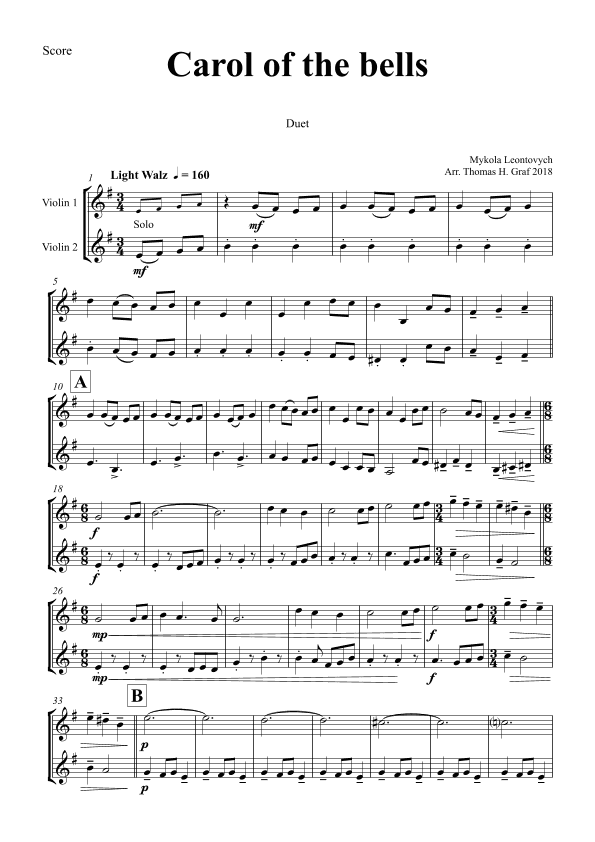 Carol of the Bells - Pentatonix style - Violin Duet (arr. Thomas Graf)