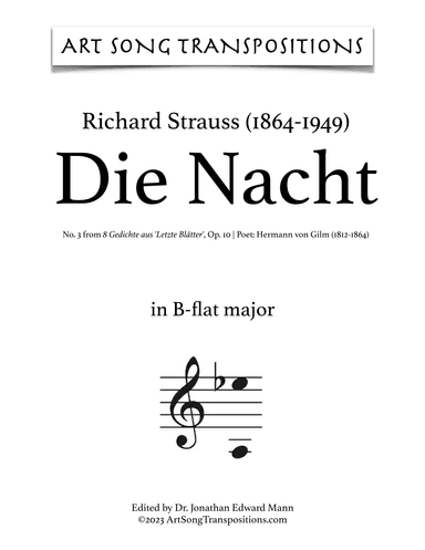 STRAUSS: Die Nacht, Op. 10 no. 3 (transposed to B-flat major, A major, and A-flat major) (arr. ArtSongTranspositions.com)