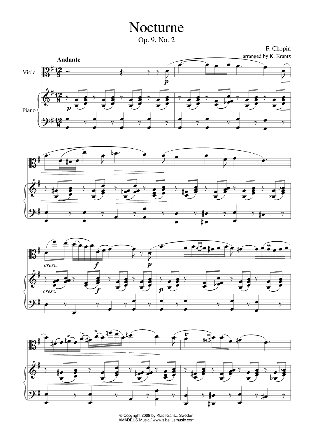 Nocturne Op. 9 No. 2 for viola and piano (abridged) (arr. Klas Krantz)