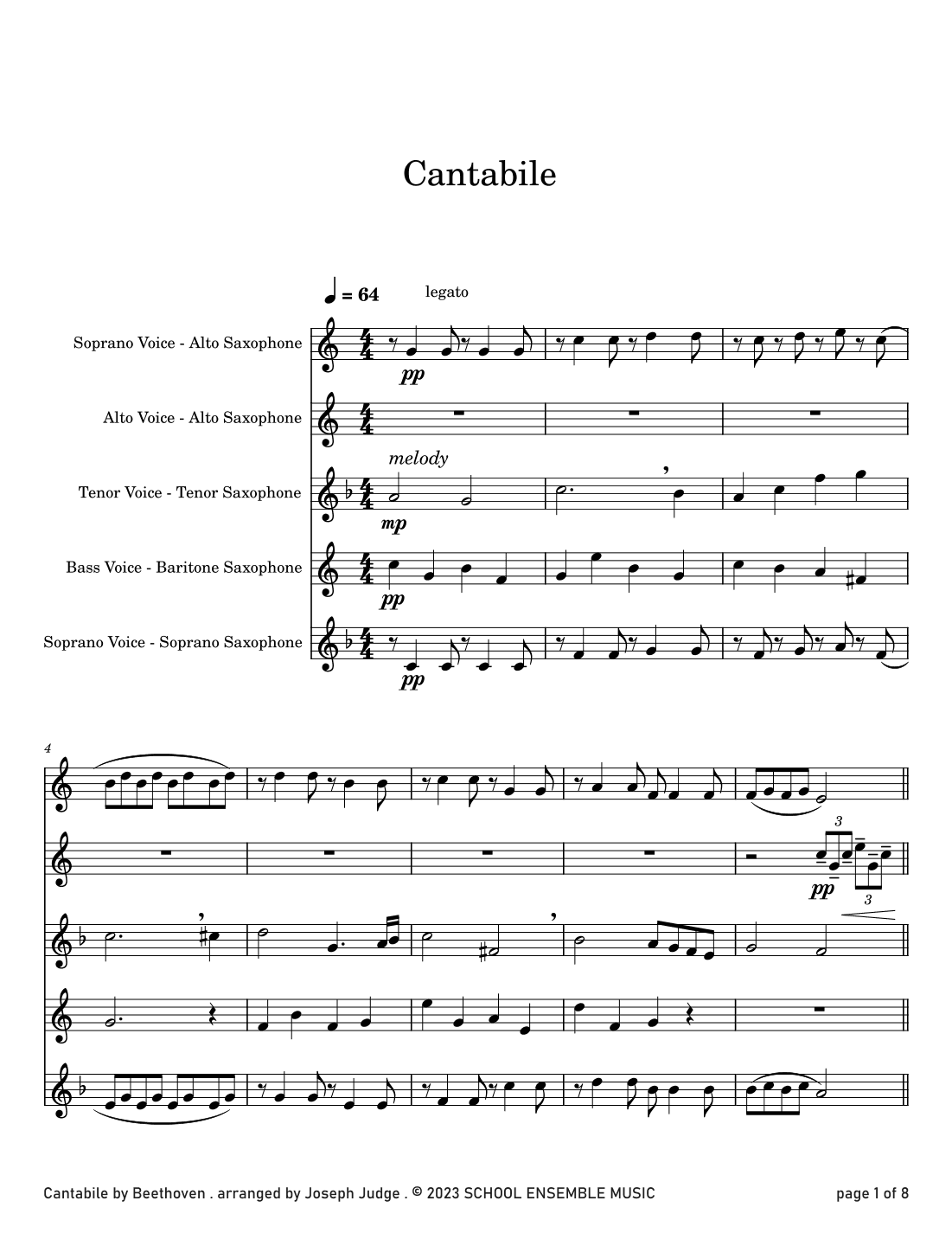 Cantabile by Beethoven for Saxophone Quartet in Schools (arr. Joseph Judge)