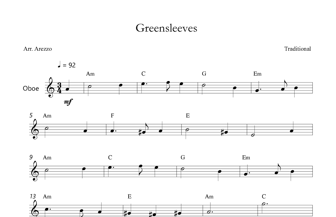 Greensleeves - Lead Sheet for Oboe Chord Symbols (arr. Arezzo Music)