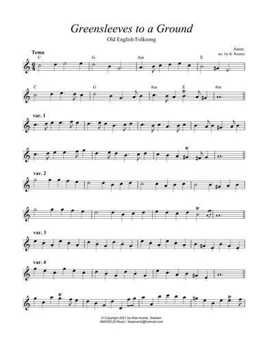 Greensleeves variations, lead sheet with guitar chords ( C Major) (arr. K. Krantz)