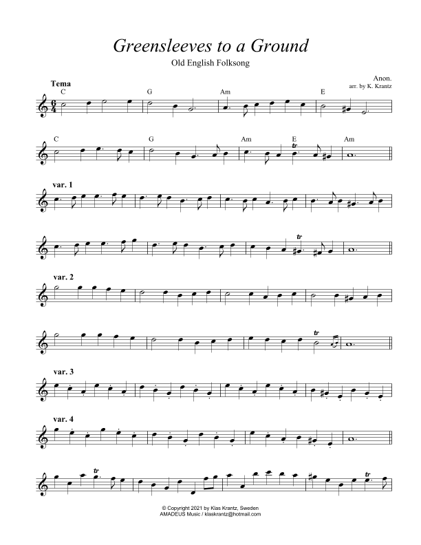Greensleeves variations, lead sheet with guitar chords ( C Major) (arr. K. Krantz)