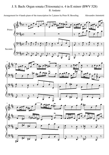 Organ sonata (Triosonata) n. 4 in E minor (BWV 528) - Andante - Arrangement for 4-hands piano (arr. Alessandro Antonietti)