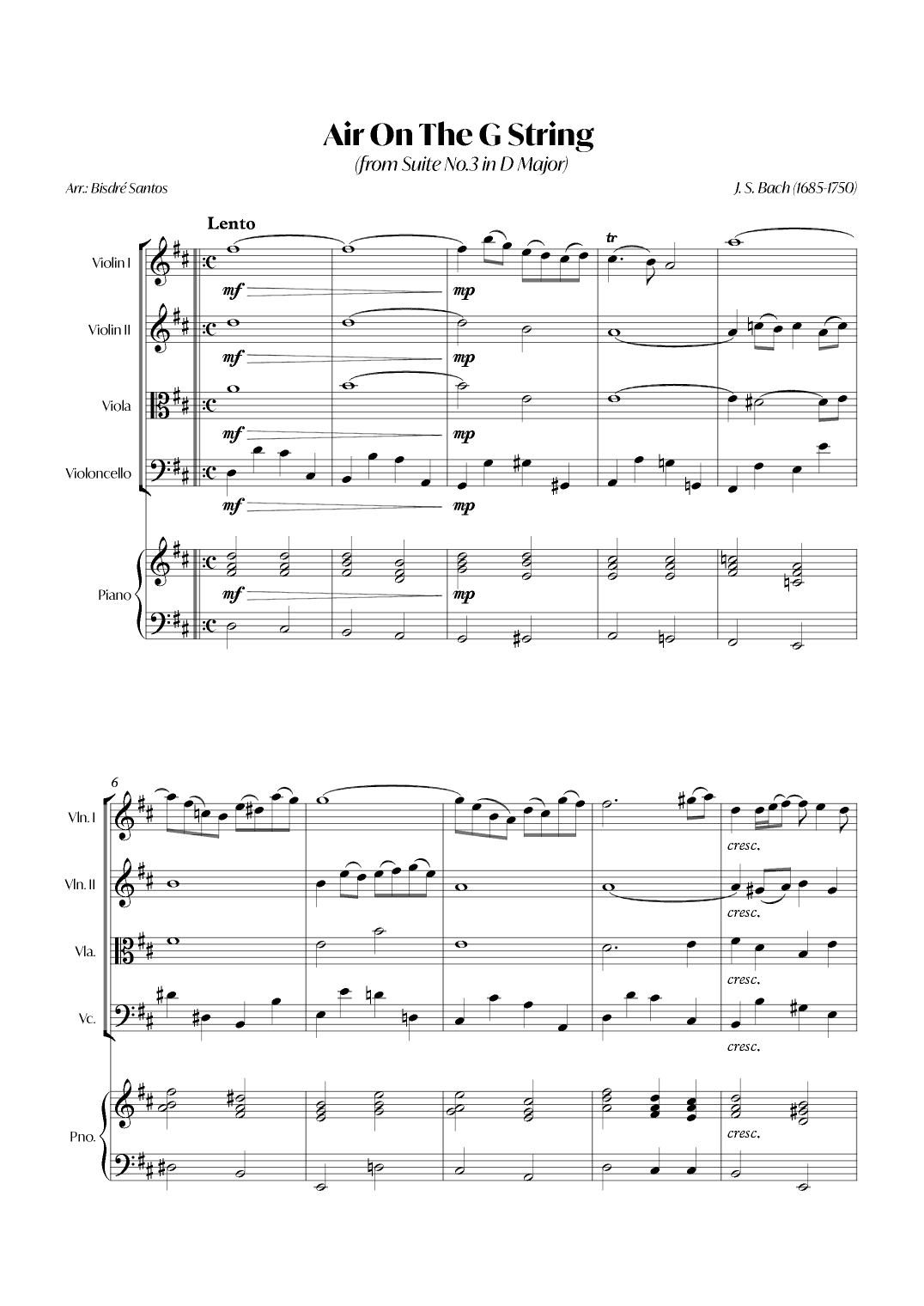 Air On The G String (from Suite No.3 in D Major) (Bach) - String quartet with Piano (arr. André Alberto Santos)