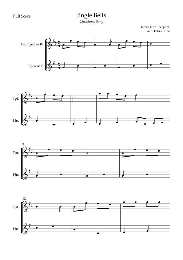 Jingle Bells (Christmas Song) for Trumpet in Bb & Horn in F Duo (arr. Fabio Britto)