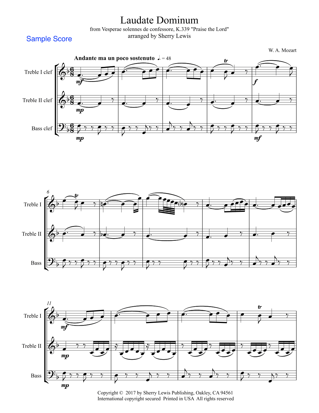 LAUDATE DOMINUM, Mozart, Intermediate Level, Trio for 2 treble and one bass instrument (arr. Sherry Lewis)
