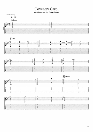 Coventry Carol, for solo fingerstyle guitar (arr. Daryl Shawn)
