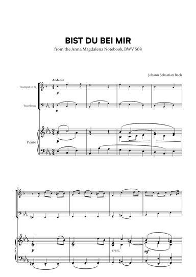 Johann Sebastian Bach - Bist du bei Mir BWV 508 (for Trumpet in Bb, Trombone and Piano) (arr. Cadenza Editions)