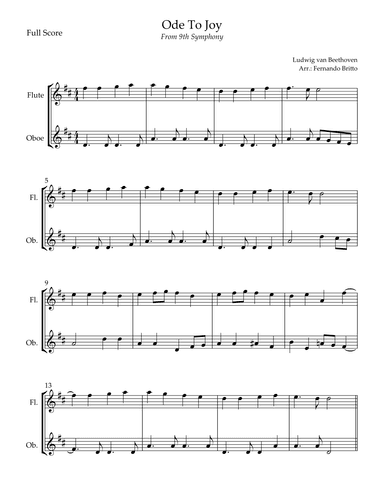 Ode To Joy Theme (from Beethoven's 9th Symphony) for Flute & Oboe Duo (arr. Fernando Britto)