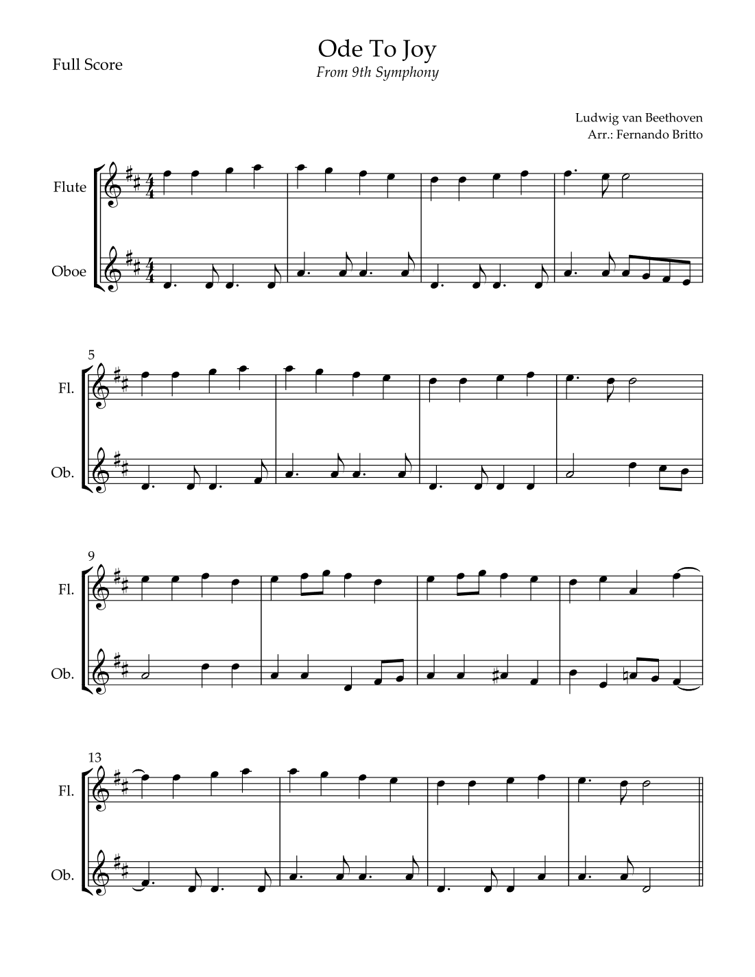 Ode To Joy Theme (from Beethoven's 9th Symphony) for Flute & Oboe Duo (arr. Fernando Britto)
