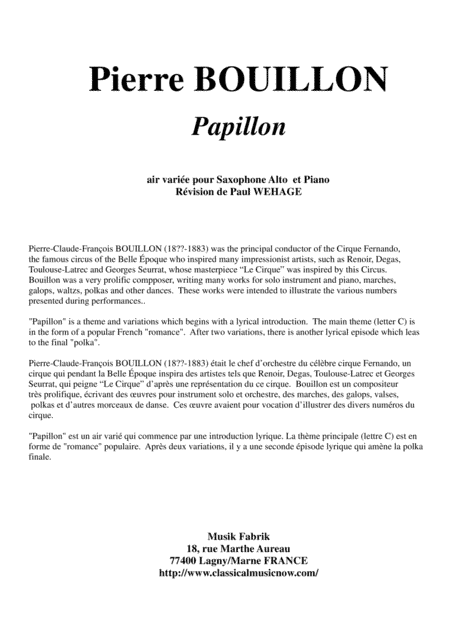 Pierre Bouillon: Papillon for alto saxophone and piano (arr. Musik Fabrik Music Publishing)