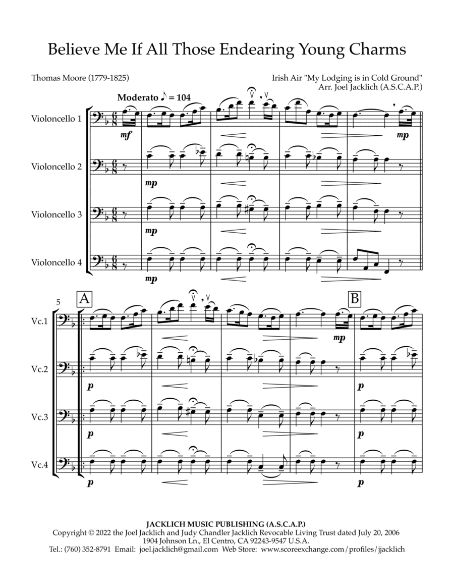 Believe Me If All Those Endearing Young Charms (cello quartet) (arr. Joel Jacklich (ASCAP))