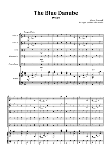 The Blue Danube - String Quintet with Piano and Chord Notations (arr. Glauco Fernandes)