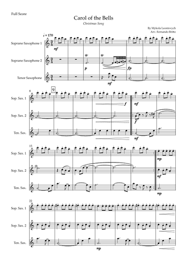 Carol of The Bells - Jazz Version (Christmas Song) for Saxophone Trio (arr. Fabio Britto)