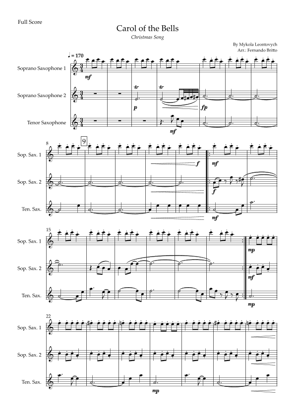 Carol of The Bells - Jazz Version (Christmas Song) for Saxophone Trio (arr. Fabio Britto)
