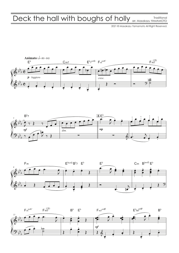 Deck the hall with boughs of holly [Piano solo / intermediate / Christmas Music Arr.] (arr. Masakazu YAMAMOTO)
