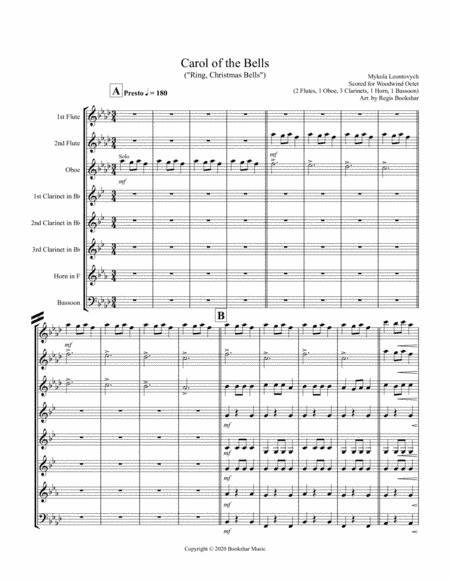 Carol of the Bells (F min) (Woodwind Octet - 2 Flute, 1 Oboe, 3 Clar, 1 Hrn, 1 Bassoon) (arr. Regis Bookshar)