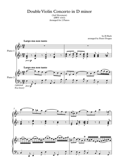Double Violin Concerto in D minor (BWV 1043) - 2nd Movt - arranged for 2 pianos (arr. Pietro Prugna)