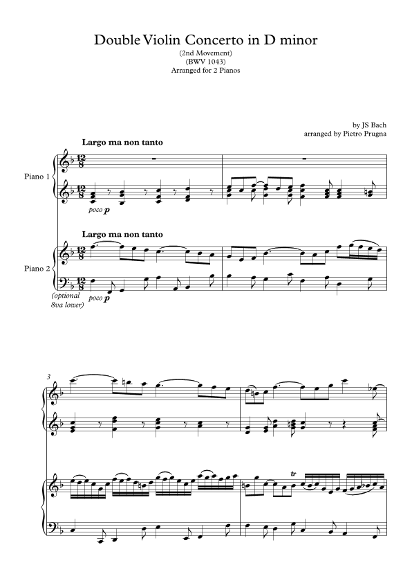 Double Violin Concerto in D minor (BWV 1043) - 2nd Movt - arranged for 2 pianos (arr. Pietro Prugna)