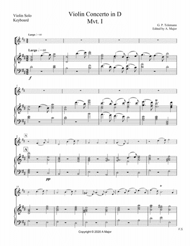 Telemann Violin Concerto in D (Transcribed from Viola Concerto in G) (arr. A. Major)