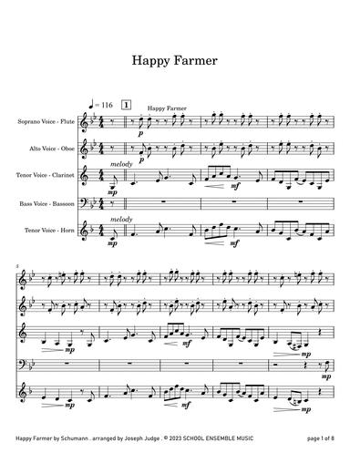 Happy Farmer by Schumann for Woodwind Quartet in Schools (arr. Joseph Judge)
