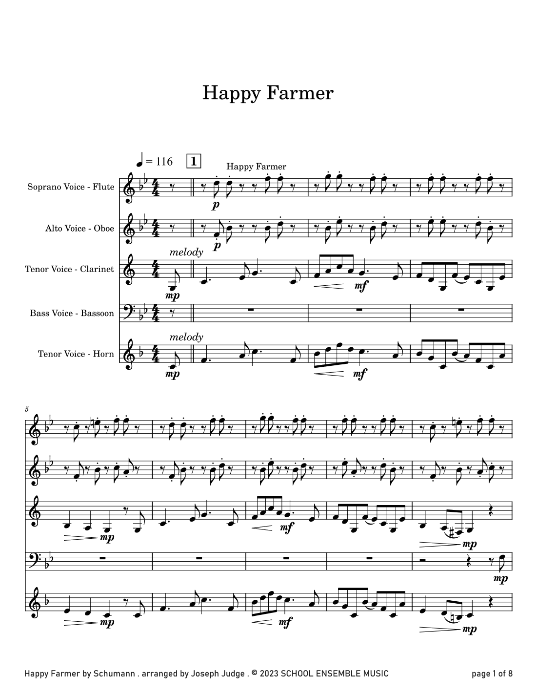 Happy Farmer by Schumann for Woodwind Quartet in Schools (arr. Joseph Judge)