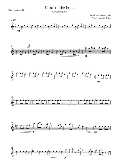 Carol of the Bells in Jazz Version (Christmas Song) for Trumpet in Bb Solo (arr. Fabio Britto)
