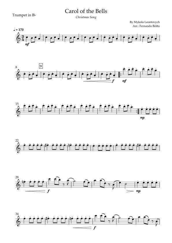 Carol of the Bells in Jazz Version (Christmas Song) for Trumpet in Bb Solo (arr. Fabio Britto)