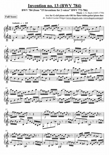 Bach (J.S.) - Invention no. 13 (BWV 784) - arr. for G-clef piano solo OR for flute/violin-guitar/pia (arr. Andrei-Lucian Dragoi)