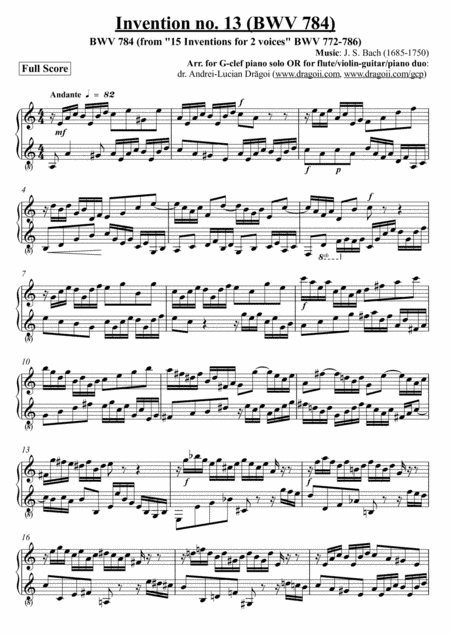 Bach (J.S.) - Invention no. 13 (BWV 784) - arr. for G-clef piano solo OR for flute/violin-guitar/pia (arr. Andrei-Lucian Dragoi)