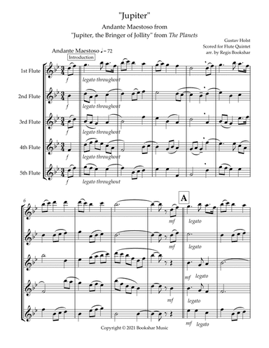 Jupiter (Andante Maestoso from "Jupiter, the Bringer of Jollity" from The Planets) (Bb) (Flute Quint (arr. Regis Bookshar)