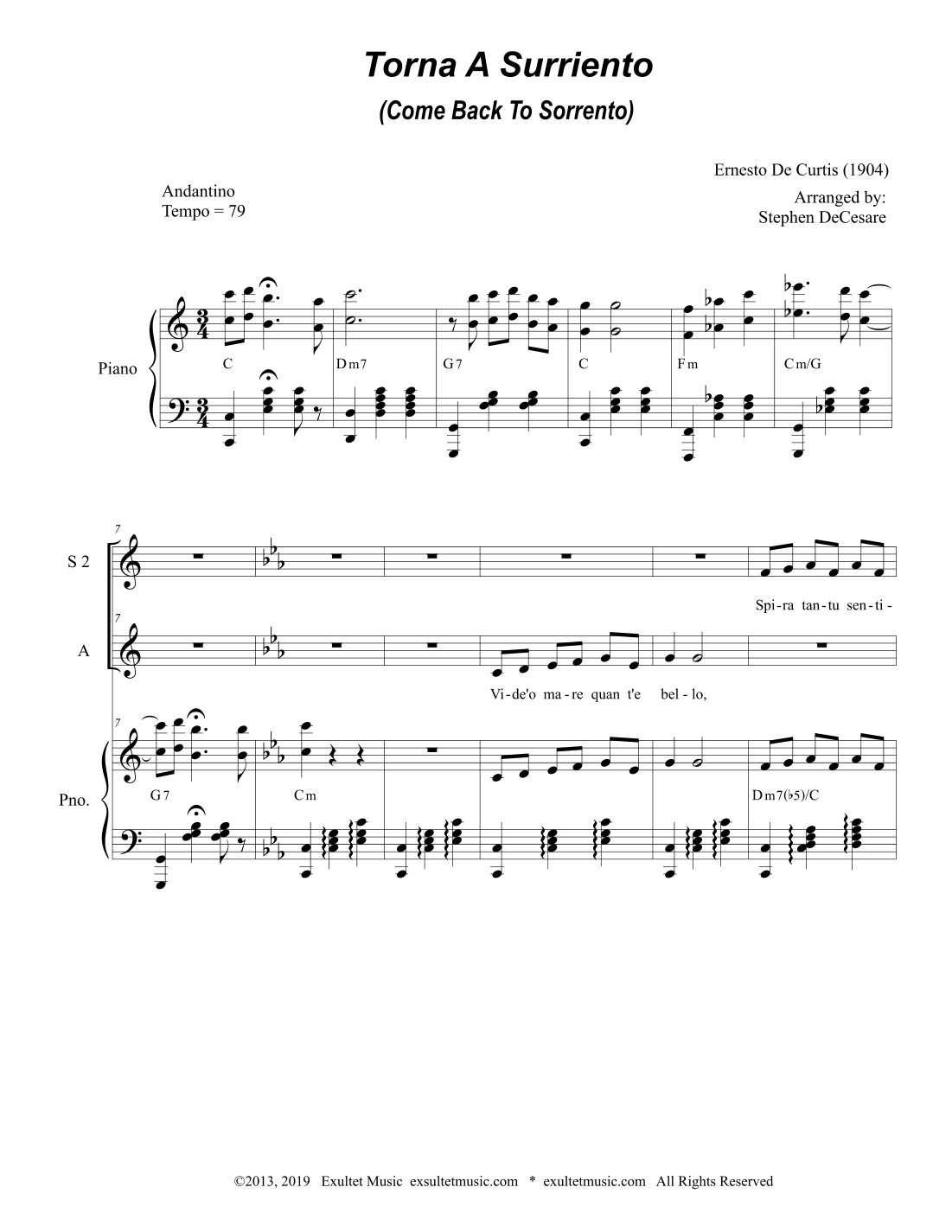 Torna A Surriento (Come Back to Sorrento) (SSA) (arr. Stephen DeCesare)