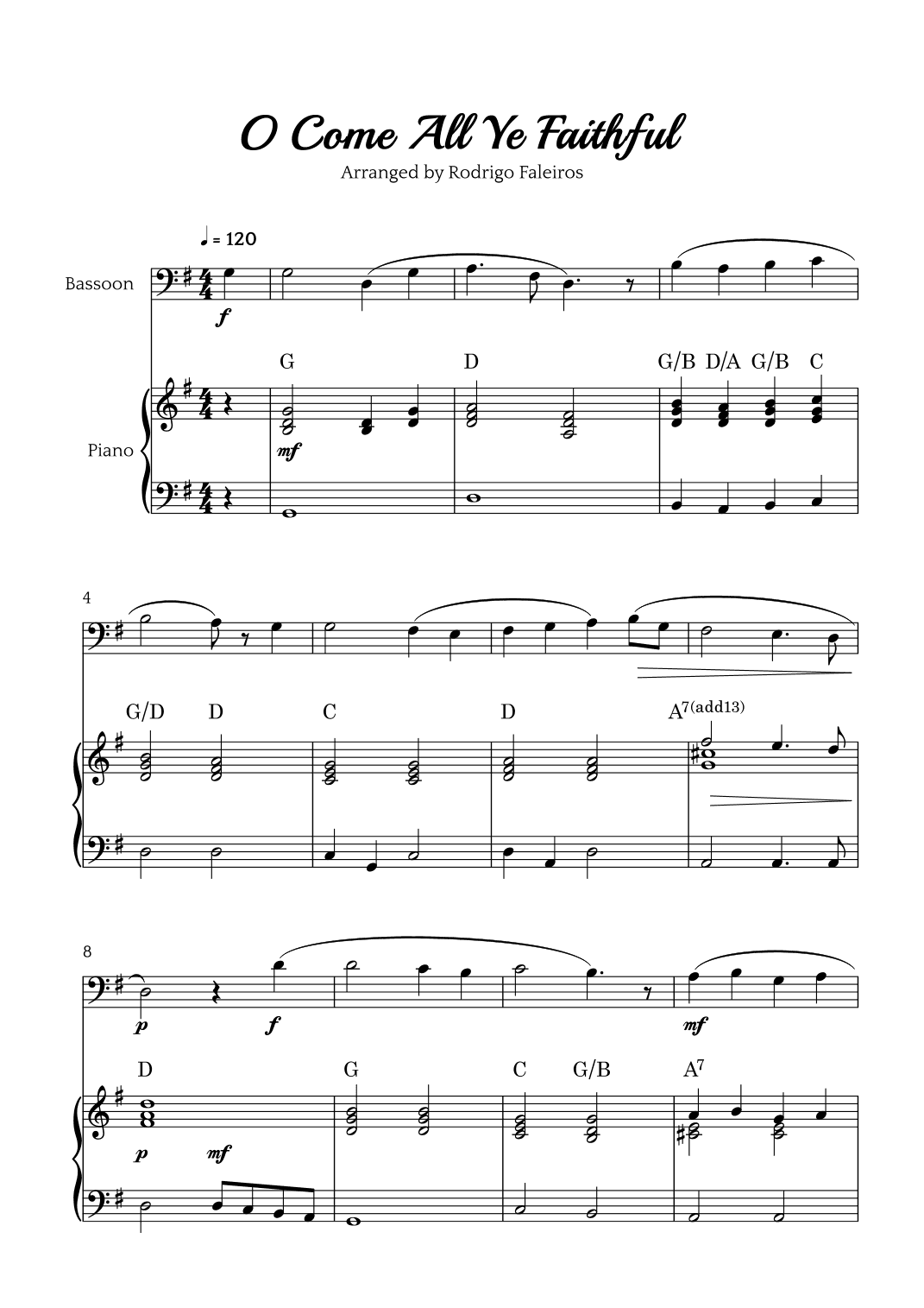 O Come All Ye Faithful (for bassoon and piano accompaniment) (arr. Rodrigo Faleiros)