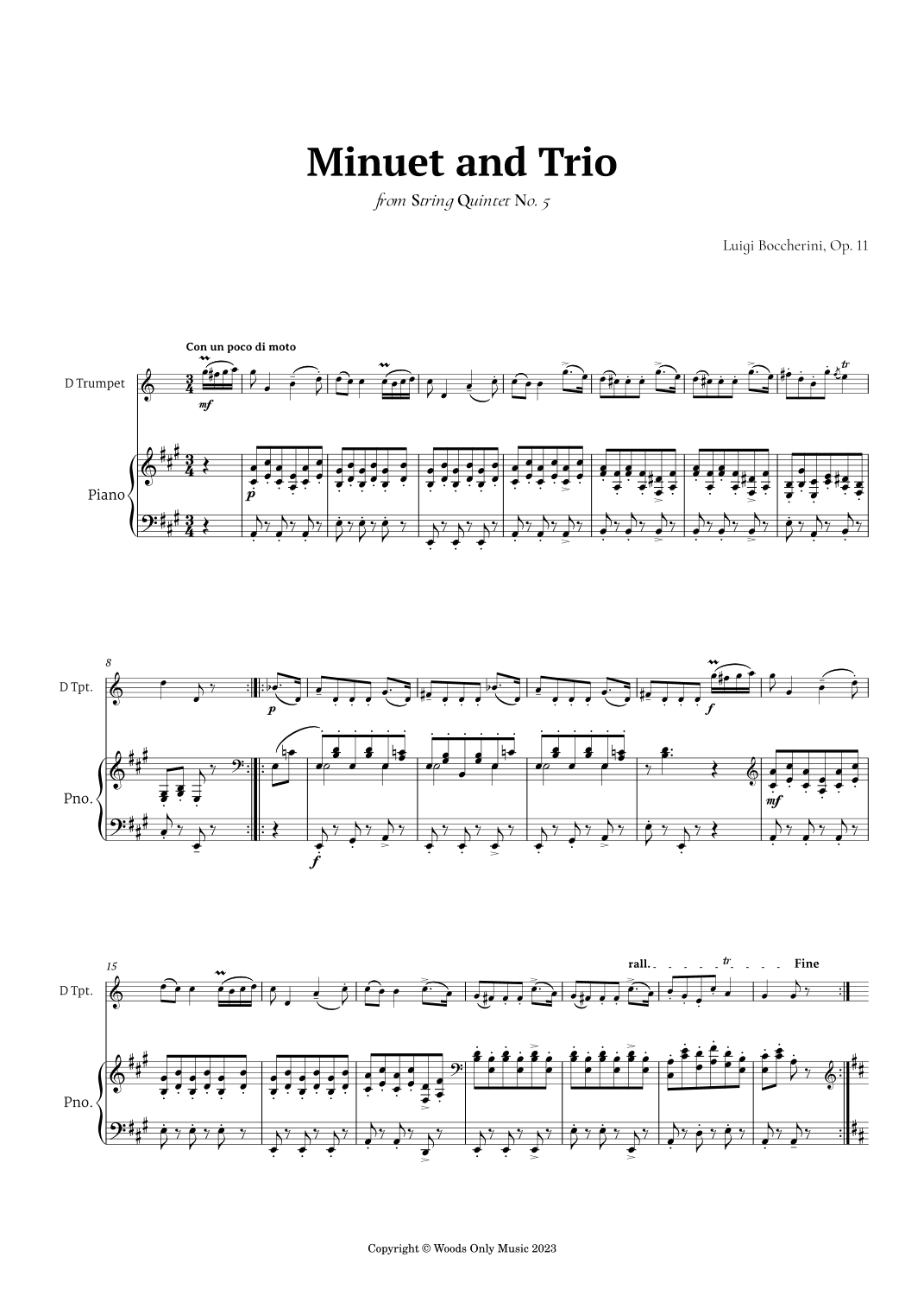 Minuet by Boccherini for Trumpet in D and Piano (arr. Ander)