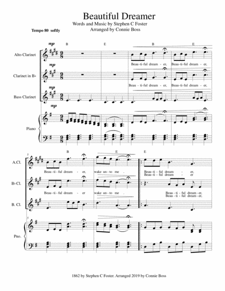 Beautiful Dreamer Key of G Clarinet (Alto, Bb and Bass clarinet) trio (arr. Connie Boss)