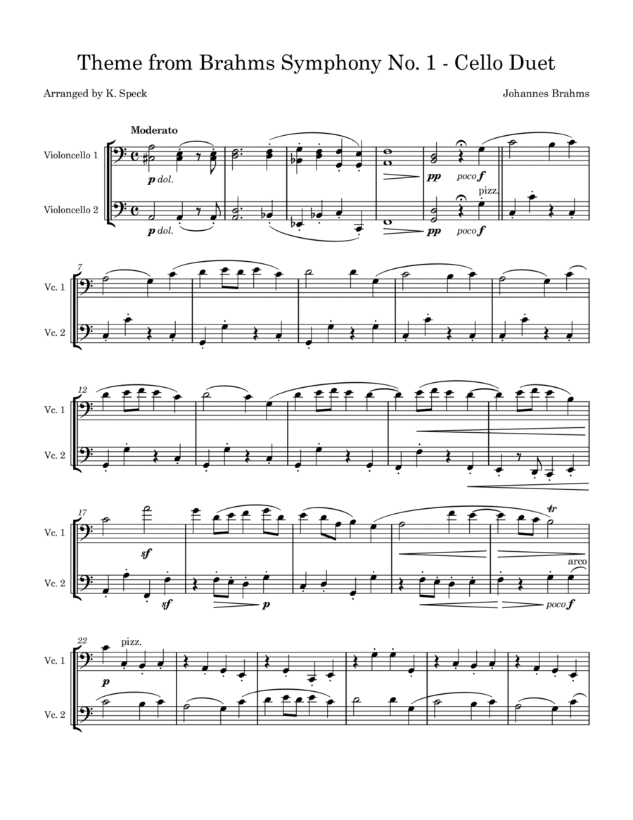 Theme from Brahms Symphony No. 1 - Cello Duet (arr. K. Speck)