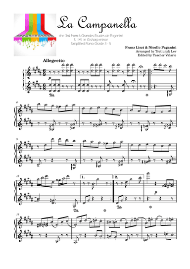 La Campanella - SImplified for Grade 3 - 5 Piano with note names Self Learning Series (arr. Published Harmony Valarie)
